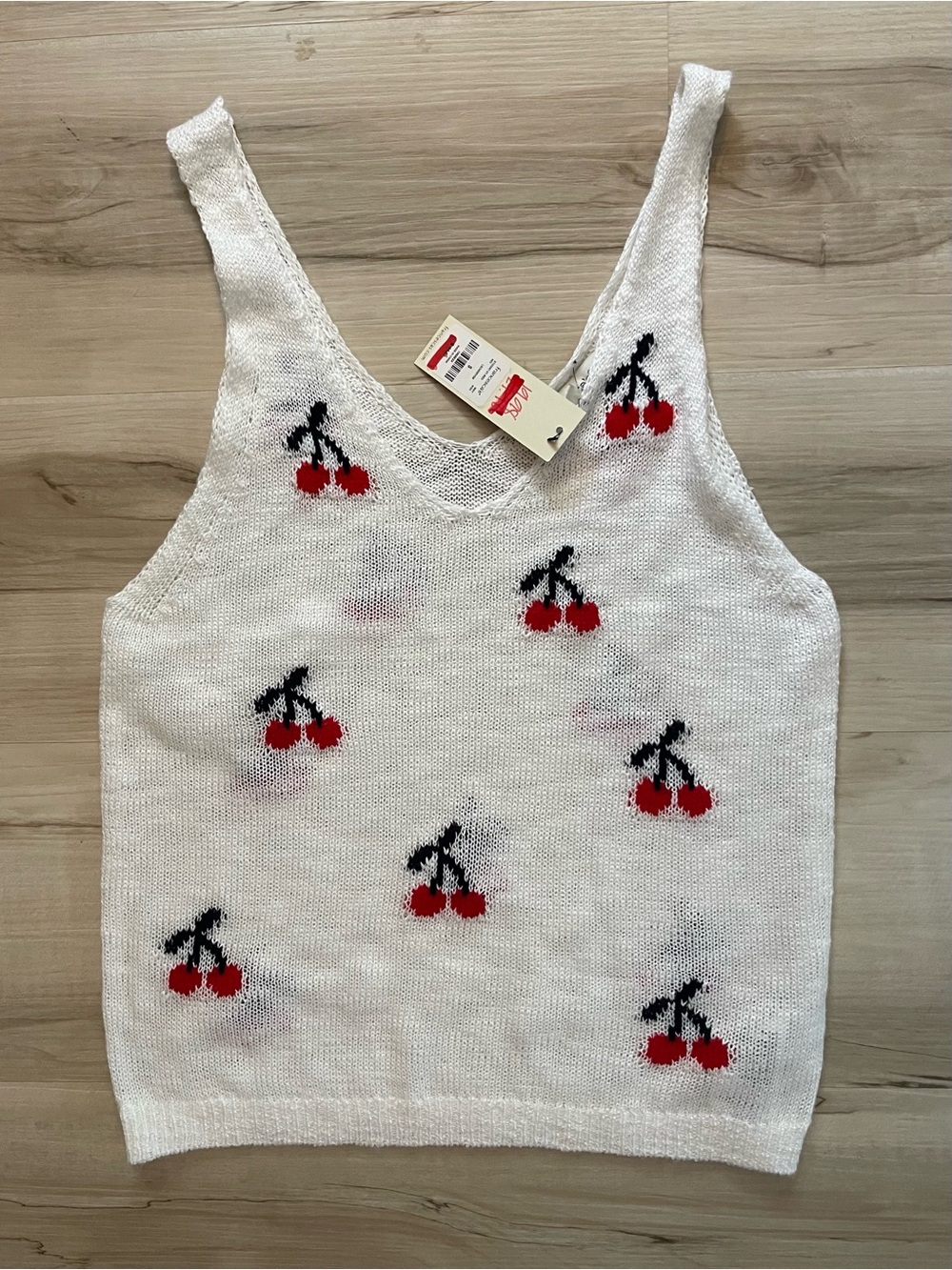 Francesca's Collections White Knit Tank with Red Cherry Motif